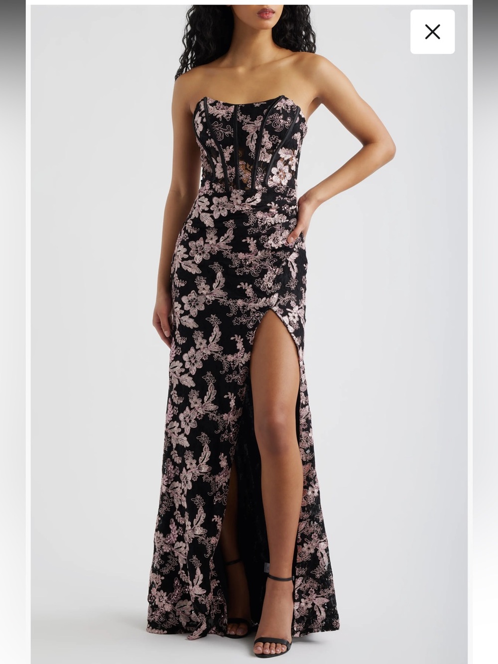 Embroidered Lace Corset Pink and Black Floral Strapless Gown